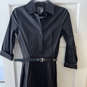 Theory for Barney’s black shirt dress with patent leather black belt.